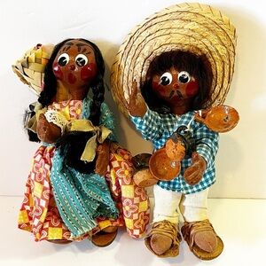 Mexican Folk Art Doll Set – Handcrafted Gourd Papier-Mâché Oil Cloth Man & Woman